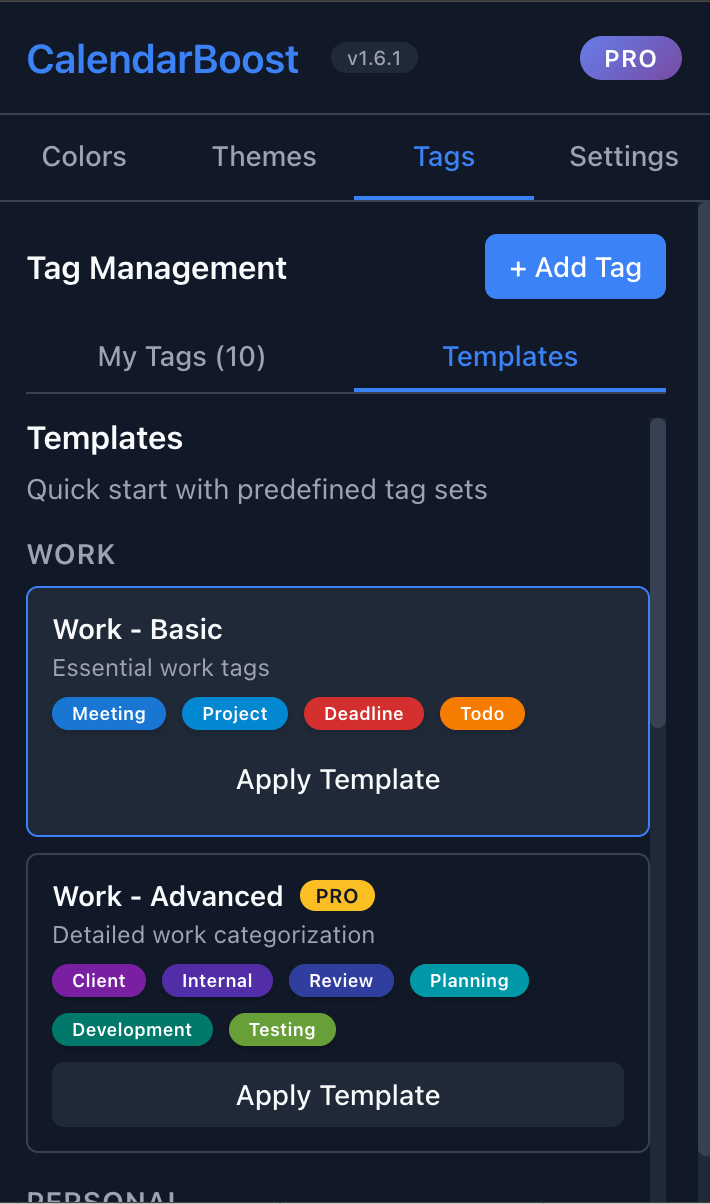 CalendarBoost visual tag system with colored badges on calendar events