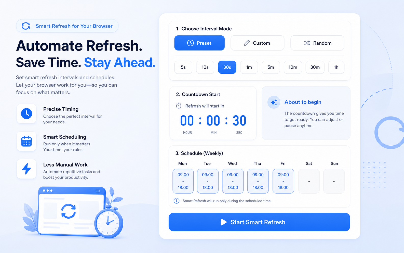 Auto Refresh Agent concept preview of interval, countdown, and schedule controls
