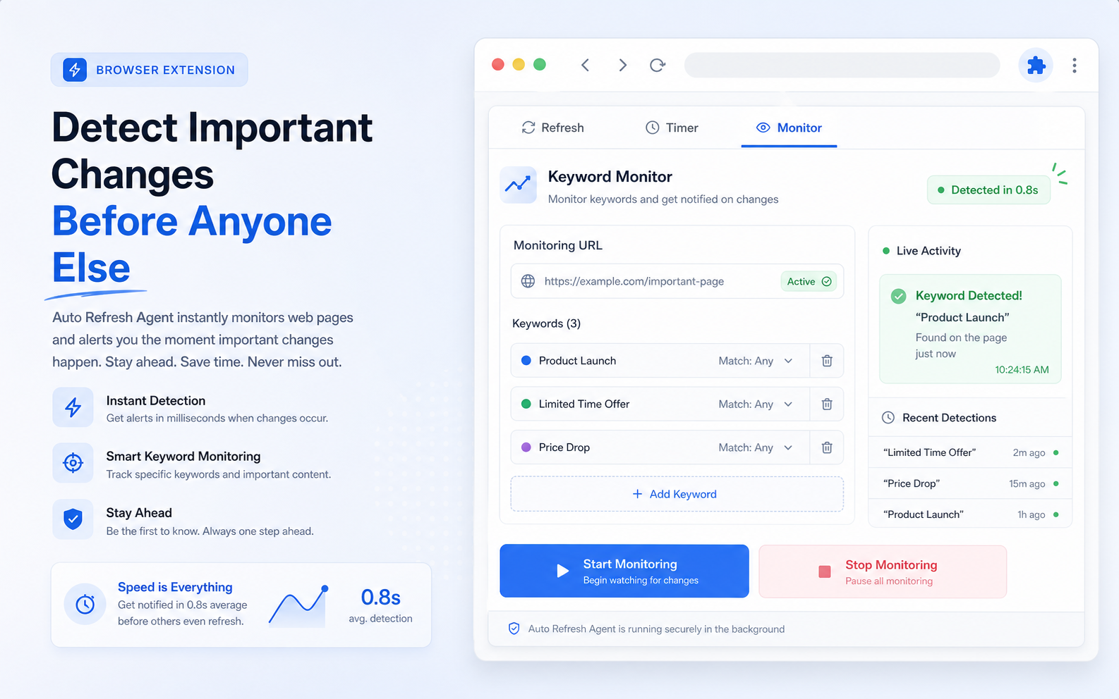 Auto Refresh Agent concept preview of webpage monitoring and refresh controls