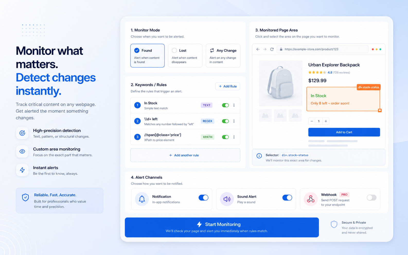 Auto Refresh Agent concept preview of page monitoring settings