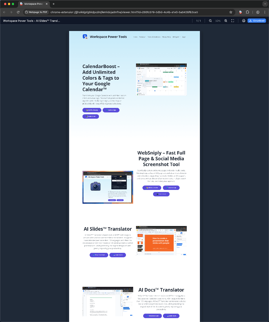 Webpage to PDF Full Page capture mode